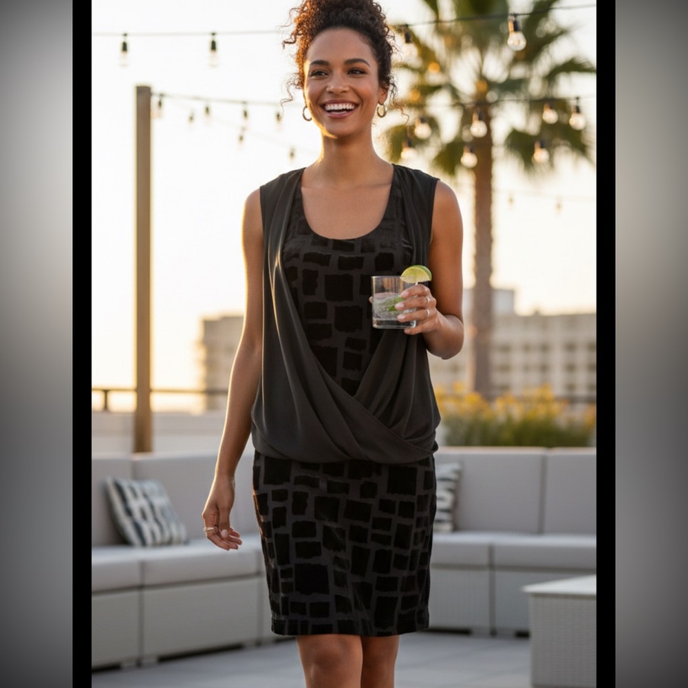Karen Kane Draped Front Layered Cocktail Dress fairy Velvet Burnout Black M
